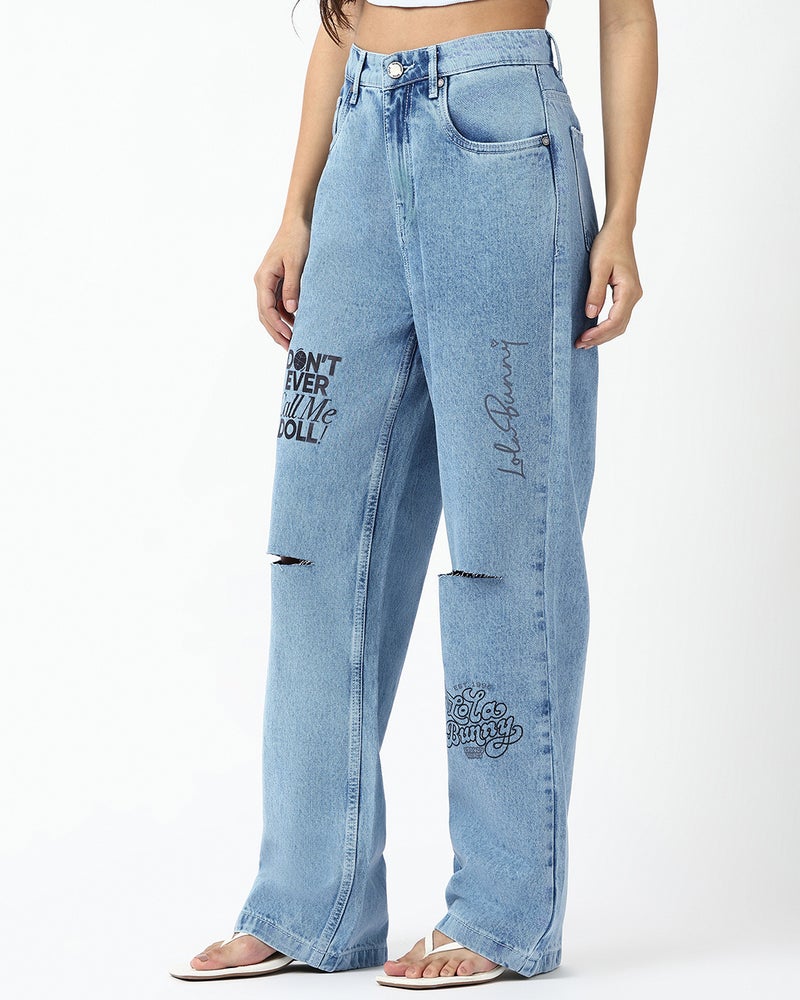 bewakoof Women's Light Blue Washed Straight Fit Distressed Jeans - Image 2